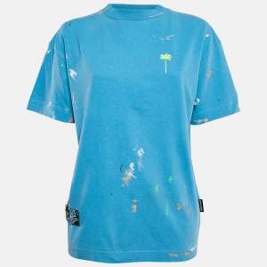 Palm Angels Light Blue Splatter Print Cotton T-Shirt S
