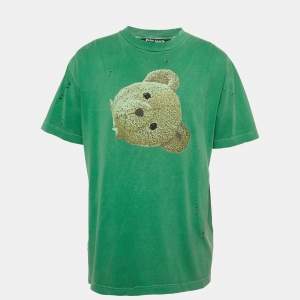 Palm Angels Green Teddy Print Distressed Crew Neck T-Shirt XL