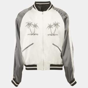 Palm Angels Grey Palm Embroidered Satin Zip-Up Bomber Jacket L