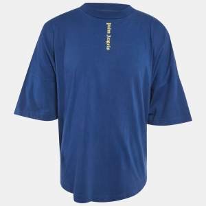 Pre Owned Palm Angels Blue Vertical Logo Print Cotton Oversized T-Shirt M