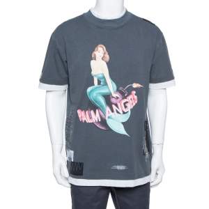 Palm Angels Grey Cotton Mermaid Printed Double Neck Distressed T Shirt L