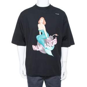 Palm Angels Black Cotton Logo & Mermaid Printed Crewneck Paneled T-shirt M