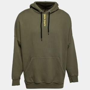 Palm Angels Olive Green Cotton Logo Printed Hoodie L