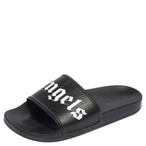Palm Angels Black Leather Logo Pool Slides Size 42