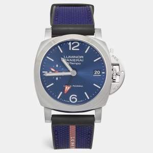 Panerai Blue Stainless Steel Fabric Rubber Luminor Quaranta BiTempo Luna Rossa PAM01404 Men's Wristwatch 40 mm