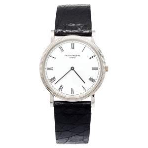 Patek Philippe White Stainless Steel Leather Calatrava 3520/D Men's Wristwatch 32 mm
