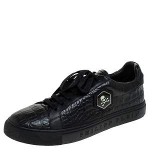 Philipp Plein Black Croc Embossed Leather Tusk Lace Up Sneakers Size 43