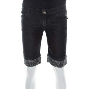 Pre Owned Philipp Plein Black Denim Medium Wash Printed Turn-Up Detail Shorts S