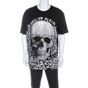 مملوكة مسبقًا Philipp Plein Black Skull Print Cotton Crystal Embellished T-Shirt 4XL