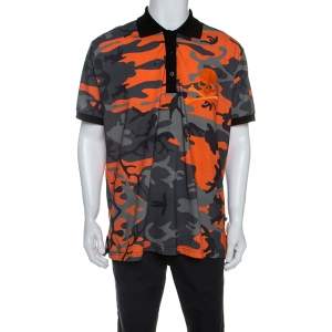 Pre Owned Philipp Plein Orange Camouflage Print Cotton Volantine Polo T-Shirt 3XL