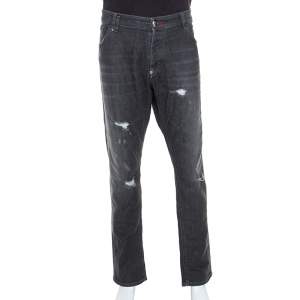 مملوكة مسبقًا Philipp Plein Grey Distressed Denim Super Straight Cut Jeans 3XL