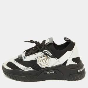 Philipp Plein Black/Silver Patent Leather and Knit Fabric Low top Sneakers Size 43