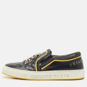 Pre Owned Philipp Plein Black Quilted Leather Skull Slip On Sneakers Size 44