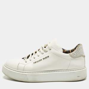 Pre Owned Philipp Plein Trainer Size 40 White Leather and Suede Crystal Embellished Lace Up Sneakers