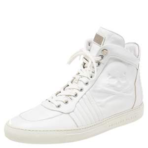 Philipp Plein White Leather Embossed Skull High-Top Sneakers Size 42