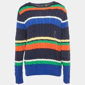 Pre Owned Polo Ralph Lauren Blue Striped Cable Knit Sweater L