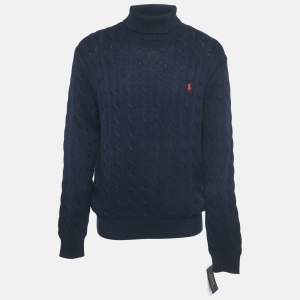 Pre Owned Polo Ralph Lauren Navy Blue Cable Knit Turtle Neck Sweater XL