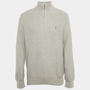 مملوكة مسبقًا Polo Ralph Lauren Grey Mesh Knit Half Zip Sweater L