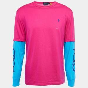 مملوكة مسبقًا Polo Ralph Lauren Pink/Blue Cotton Crew Neck Full Sleeve T-Shirt M