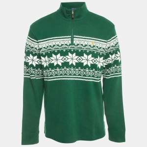Pre Owned Polo Ralph Lauren Green Cotton Printed Zip-Up Sweater L