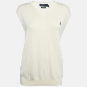 مملوكة مسبقًا Polo Ralph Lauren Cream Cotton Knit Sleeveless Sweater L