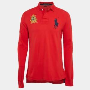 Polo Ralph Lauren Red Embroidered Pique Cotton Long Sleeve Polo T-Shirt M