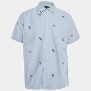 Pre Owned Polo Ralph Lauren Blue Flag Embroidered Cotton Half Sleeve Shirt L