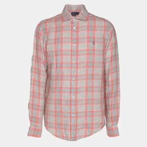 Pre Owned Polo Ralph Lauren Pink/Grey Checkered Linen Classic Fit Shirt L