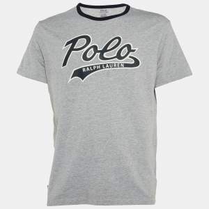 Polo Ralph Lauren Grey/Navy Blue Logo Print Cotton Crew Neck T-Shirt L
