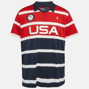 Pre Owned Polo Ralph Lauren Navy Blue/Red Stripe Printed Jersey Polo T-Shirt XL