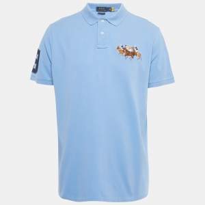 Pre Owned Polo Ralph Lauren Blue Logo Embroidered Pique Polo T-Shirt XL