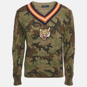 Pre Owned Polo Ralph Lauren Green Camouflage Tiger Applique Knit Pullover M