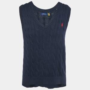 Pre Owned Polo Ralph Lauren Navy Blue Cable Knit V-Neck Vest L