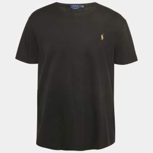 مملوكة مسبقًا تي شيرت بولو رالف لورين كوتون مطرز بشعار أزرق بقصة مخصصة ضيقة مقاس وسط