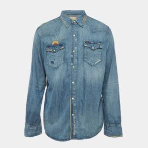 Pre Owned قميص بولو رالف لورين جينز مطرز أزرق مقاس كبير