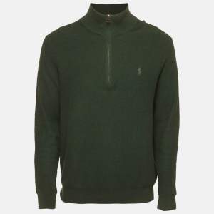 مملوكة مسبقًا Polo Ralph Lauren Green Mesh Knit Cotton Quarter Zip Sweater L