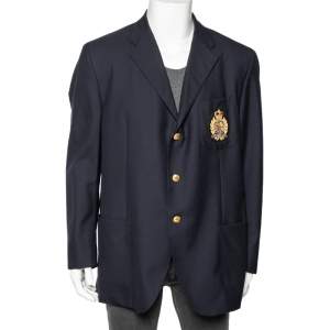 مملوكة مسبقًا Polo Ralph Lauren Navy Blue Wool Logo Crest Embroidered Blazer 5XL