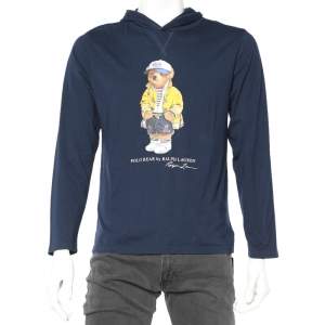 Pre Owned Polo Ralph Lauren Navy Blue Bear Printed Cotton Knit Hoodie XL