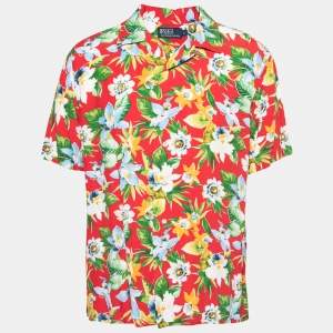 قميص بولو رالف لورين كريب هاوايان أحمر مورد مطبوع مقاس كبير - لارج