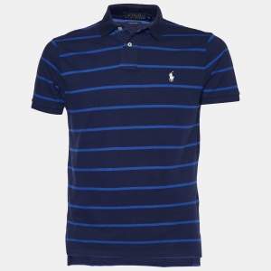 Pre Owned Polo Ralph Lauren Navy Blue Striped Cotton Knit Polo T-Shirt L