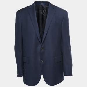 Pre Owned Polo Ralph Lauren Navy Blue Checked Wool Custom Fit Jacket XXL