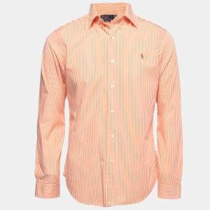 Pre Owned Polo Ralph Lauren Orange Striped Cotton Full Sleeve Slim Fit Shirt M