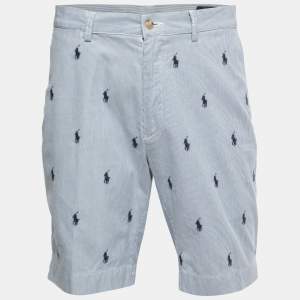Polo Ralph Lauren Blue Pinstripe All-Over Motif Embroidered Cotton Shorts M Waist 33"