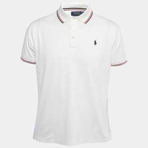مملوكة مسبقًا Polo Ralph Lauren White Cotton Knit Stripe Detail Polo T-Shirt L