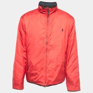 Pre Owned  Polo Ralph Lauren Vintage Navy Blue Quilted Synthetic Suede Trimmed Zip Front Reversible Jacket XL