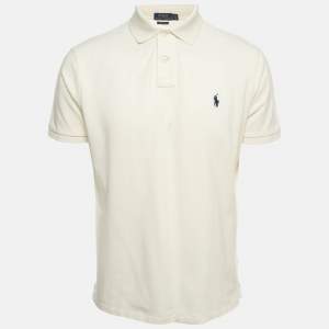 Pre Owned Polo Ralph Lauren Off White Logo Embroidered Cotton Polo T-Shirt L