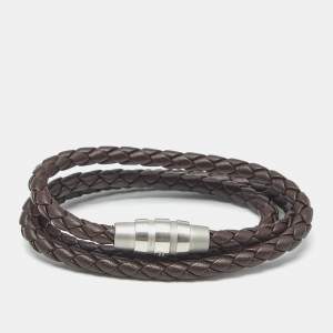 Pre Owned Porsche Design Grooves Brown Leather Stainless Steel Triple Wrap Bracelet
