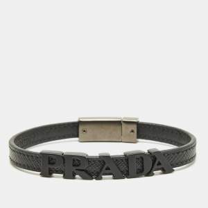 Prada Logo Black Coated and Gunmetal Tone Leather Bracelet