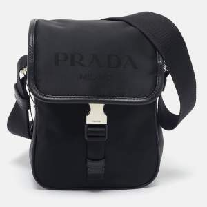 Prada Black Leather and Re-Nylon Flap Messenger Bag