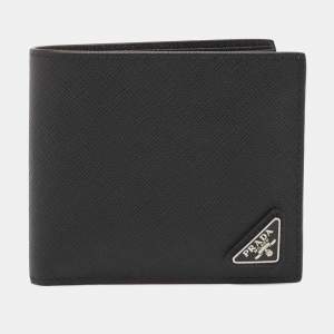 Prada Black Saffiano Metal Leather Triangle Logo Bifold Wallet